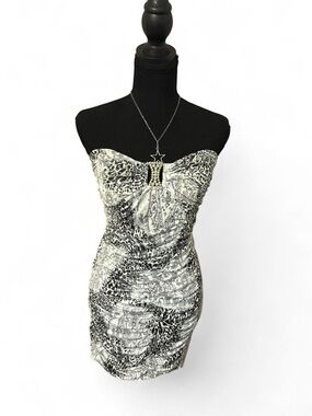 Deb Strapless Black & White Printed Bodycon Dress, Size S/M